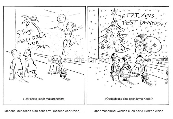 Cartoon zu Weihnachten, Cartoon zu Advent, Weihnachtseinkäufe, Weihnachtsgeschenke, Meinung über Arbeitslose, Wahrnehmung der Arbeitslosen in der Gesellschaft